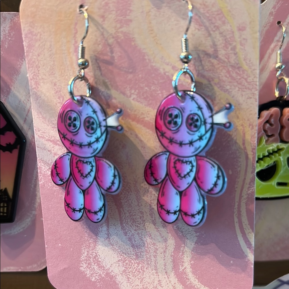 Pink Voodoo Doll Earrings Halloween